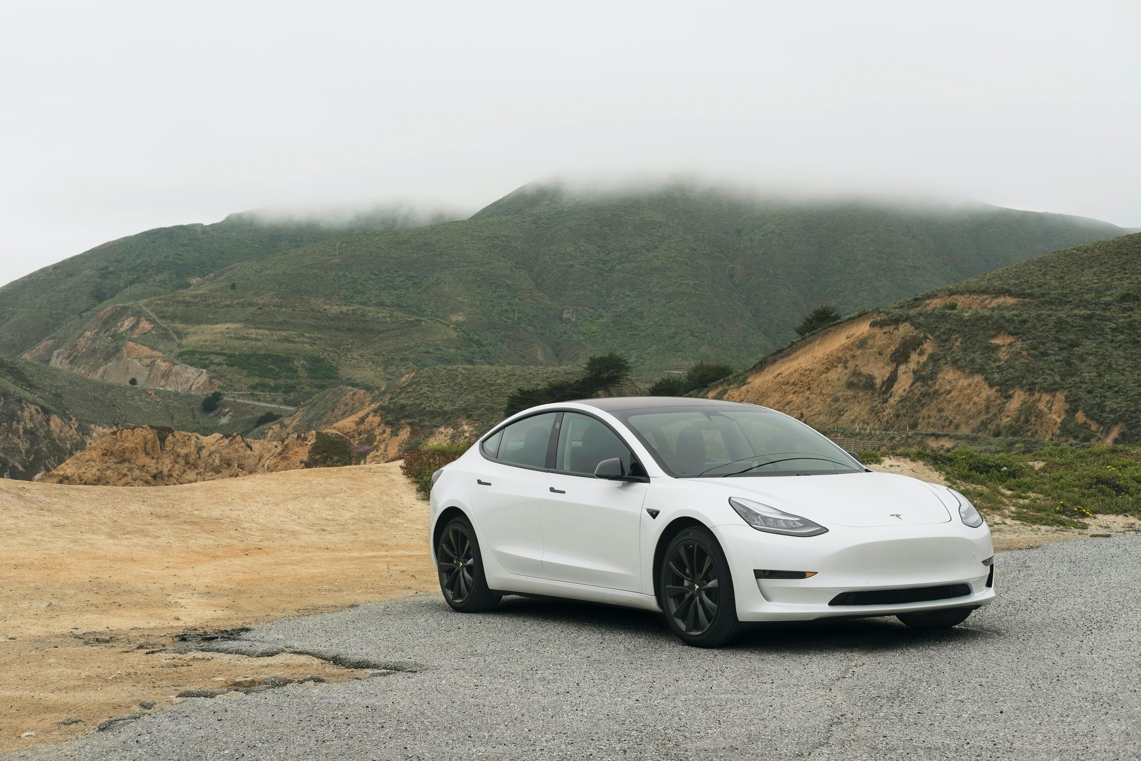 White Tesla in the hills of Los Angeles